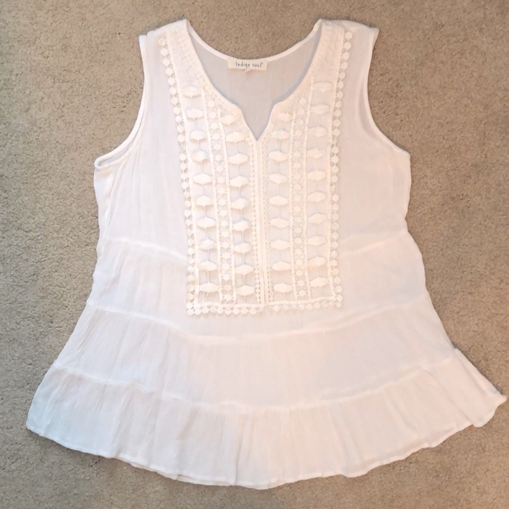 Sleeveless Indigo Soul Blouse, Sz-M, Lightweight Gauze, Off-Wht, Crochet Detail